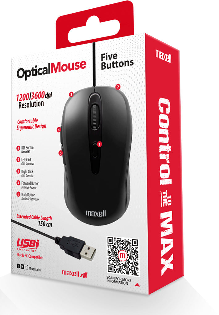 Mouse Óptico Maxell 5 Botones MOWR-105 Negro
