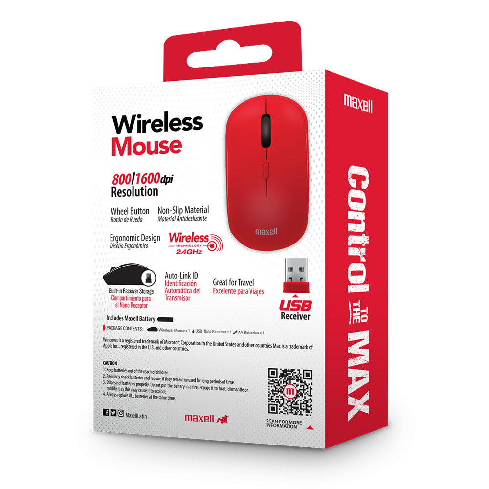 Mouse Inalámbrico Maxell 1600 DPI MOWL-100 Rojo
