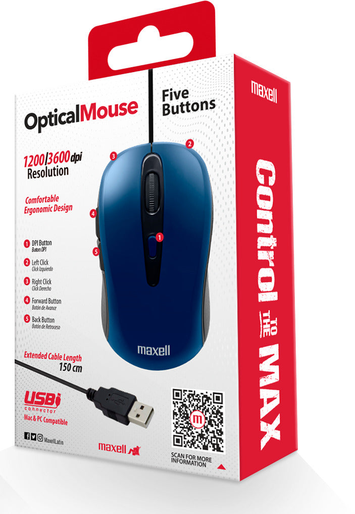 Mouse Óptico Maxell 5 Botones MOWR-105 Azul