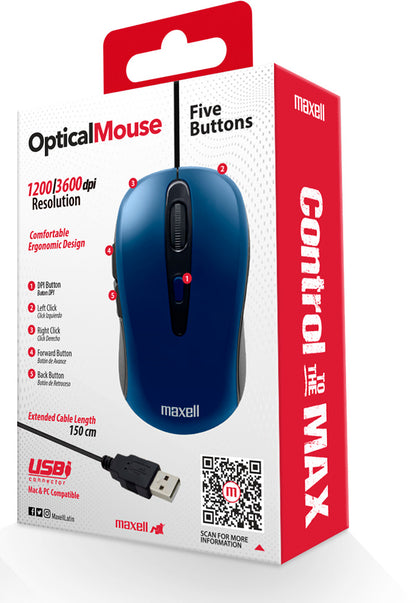 Mouse Óptico Maxell 5 Botones MOWR-105 Azul