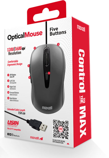 Mouse Óptico Maxell 5 Botones MOWR-105 Gris